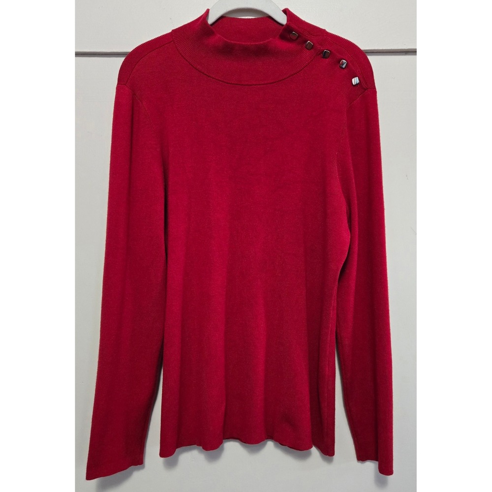 Chicos Bold Chic Red Mock Neck Square Button Shoulder Long Sleeve Sweater Sz 2/L